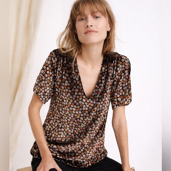 Madewell Tops - Madewell Burnout Velvet Charcoal Petite Blooms Tulip-Sleeve Ruffle Blouse Med